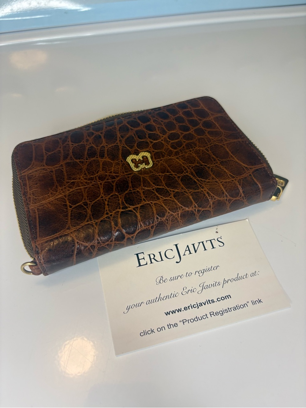 Eric Javits Croc-Embossed Brown Zip Wallet with Gold Accents